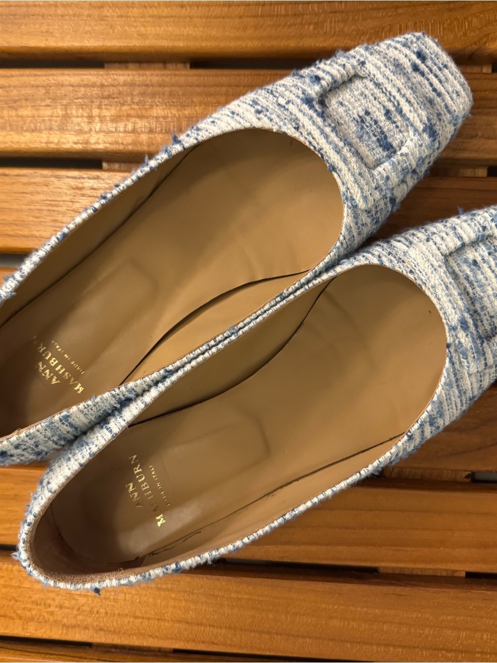 ANN MASHBURN Blue and White Tweed Pointed-Toe Flats